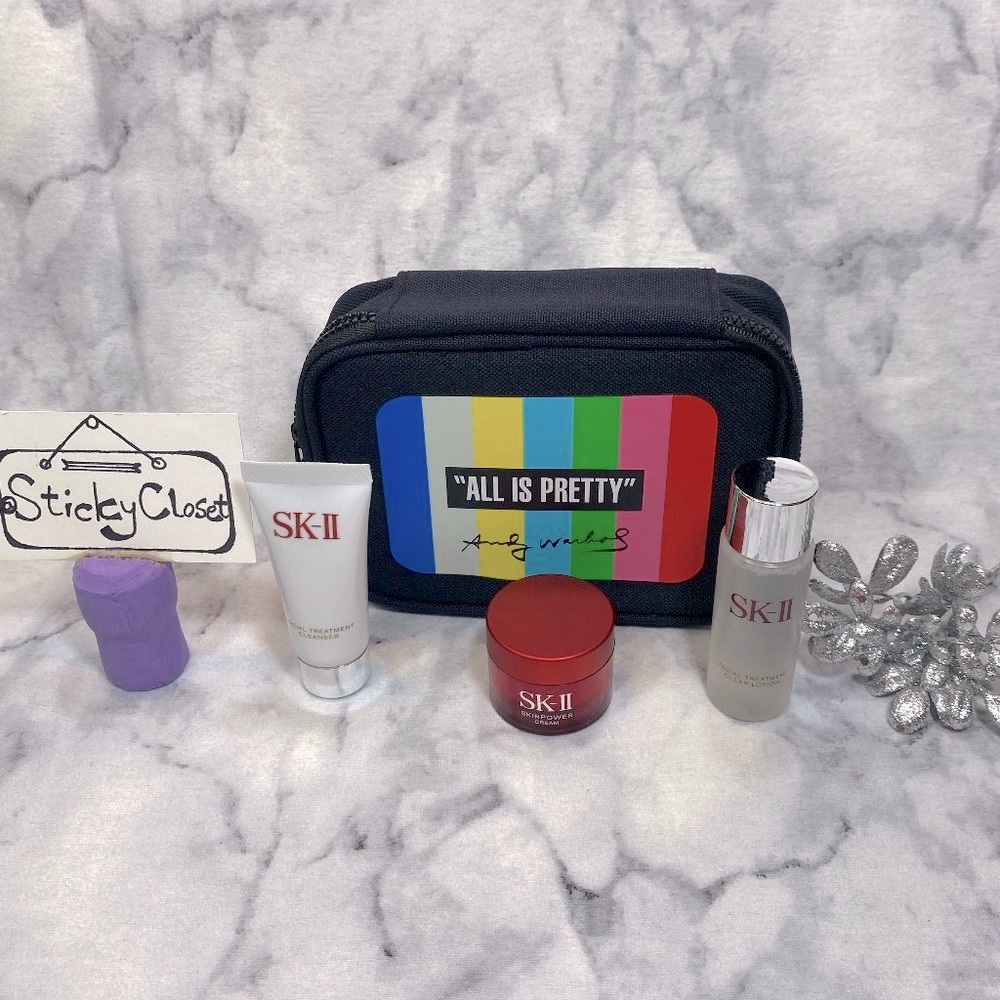 SK-II All Is Pretty Skincare Set-Colorful Pouch,Lotion,Cleanser & Cream-4pc-NEW